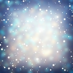 Snowfall pattern. Dark blue glare vignette. Winter glare blurred texture. Empty mystery background. Xmas party decoration. Secret night light backdrop.