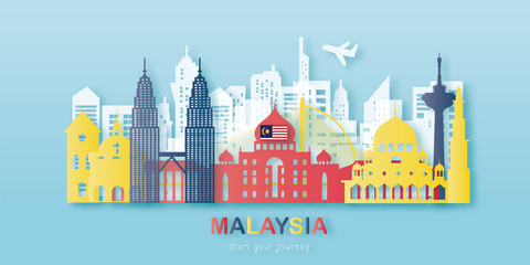 Malaysia Travel postcard, poster, tour advertising of world famous landmarks in paper cut style. Vectors illustrations