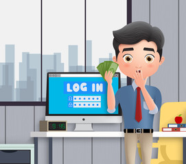 Business character social media login vector concept. Business character male employee surprise and shocked while holding money profit of online business. Vector illustration. 