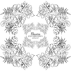 Tropical hand drawn floral frames. Outline set. Jungle foliage illustration. Floral set. Hand drawing. Vector isolated collection. Natural spring wedding card. Summer tropical leaf. Botanical frames