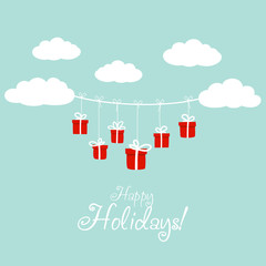 Cute holiday background with blue sky, clouds and presents. Stylish Christmas and New Year vector illustration