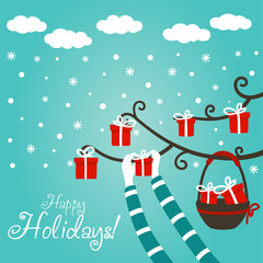 Hands of young girl or boy decorating tree with presents. Cute winter holiday background with blue sky, snowflakes and clouds. Stylish Christmas and New Year vector illustration