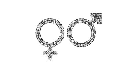 Gender icon. Male and female sex symbols. Illustration in the form of a starry sky or space, consisting of points, lines, and shapes in the form of stars with destruct shapes. White background.