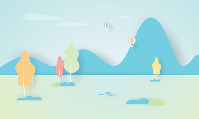 Autumn landscape with blue mountain, Autumn season, Paper layer cut, Craft vector