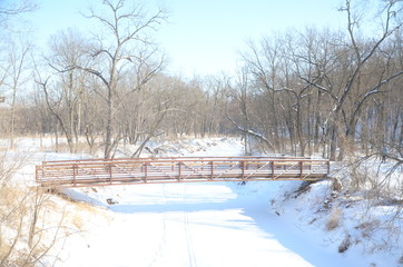 Fototapeta na wymiar frozen river in winter with iron bridge