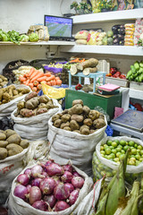 Lima, Peru - Nov 17, 2019: A well stocked fruit and vegetable stall in Lima's Mercado Central