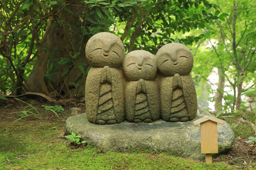 Small statues of baby buddhas surrounded by fresh green at the Hase-Dera temple in Kamakura, Japan