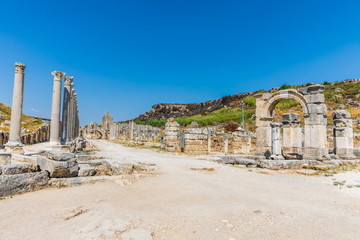 Perga or Perge, an ancient Greek city in Anatolia, a large site of ancient ruins, now in Antalya Province on the Mediterranean coast of Turkey.