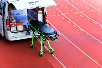 Emergency ambulance car stand by in the stadium. Inside ambulance van is emergency medical service...