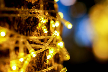 Closeup of Christmas lights and refection lighting on the tree with colorful blurred and bokeh and black background.