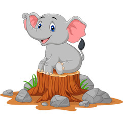 Cartoon baby elephant sitting on tree stump