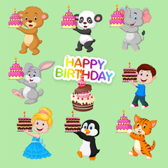 Set of cute animals and kids for happy birthday design