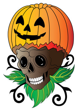 Art Surreal Pumpkin mix Skull Halloween Day. Hand drawing and make graphic vector.