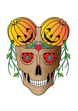Art Surreal Pumpkin mix Skull Halloween Day. Hand drawing and make graphic vector.