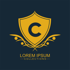 Set of flat design concept icons for Gold Letter C Logo. Letter Design Vector with shield. Vintage vector font