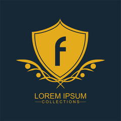 Set of flat design concept icons for Gold Letter F Logo. Letter Design Vector with shield. Vintage vector font