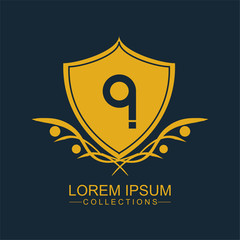 Set of flat design concept icons for Gold Letter Q Logo. Letter Design Vector with shield. Vintage vector font