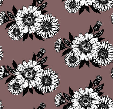 daisies hand-drawn cute bouquets black and wight