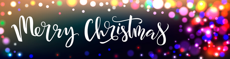 Merry Christmas horizontal banner with color lights background. Festive concept with realistic effects. Vector illustration for design of party, sale. Hand drawn lettering typography poster