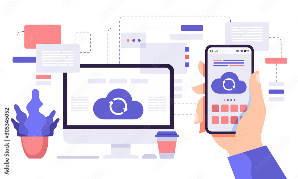 Fototapete Cloud synchronization. Computer and phone cloud services, network computing technology users network vector flat illustration