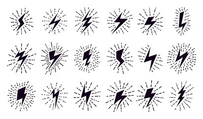 Power lightning. Striking electricity thunder bolt, retro shock lightning arrow symbols, strike lightnings isolated vector illustration set