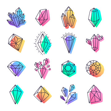Jewel gemstone icons. Gems symbol, geometric shape line diamond and crystal elements, shiny, luxury and beautiful vector illustration set