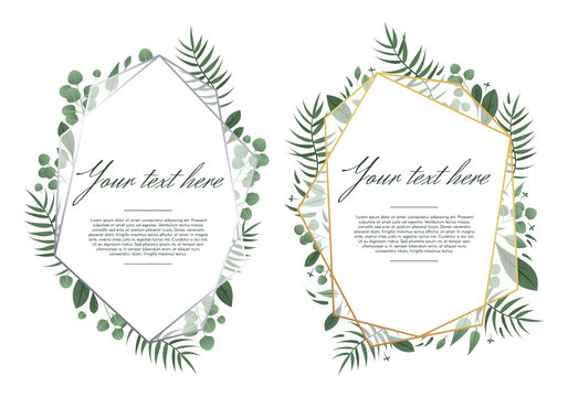Wedding greeting card. Floral geometric frame, golden romantic design card, green border decoration wedding invitation template vector illustration isolated set