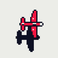 Plane pixel art icon, traveling on aircraft, airplane, jet flight transportation, airliner. Pixel art style. Logo air transport company. 8-bit. Isolated vector illustration.