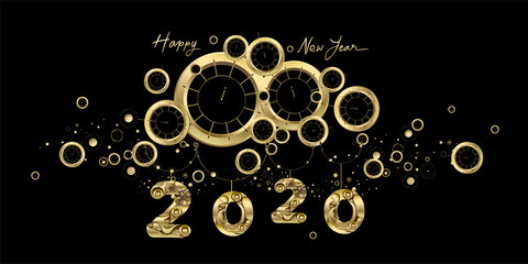 Happy New Year 2020 - New Year Shining Black background with golden clock and sparkling elements.