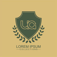 Letter UA Line Elegant logo with shield. Vintage vector font. Beautiful Logotype design for luxury company branding. Elegant identity design.