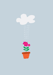 a rainy day-themed illustration. a stream of rain falling on the flowerpot.