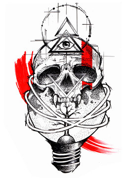 Hand drawn tattoo design skull black and red ,Dots work geometric.