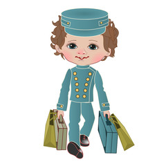 The boy the hotel clerk, the receptionist, dressed in a blue uniform carries suitcases and packages, color clip art on a white isolated background
