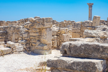 Cyprus. Pathos. Archaeological Park of Paphos. Remains of ancient buildings. Column among the ruins. Mediterranean coast. The Cyprus archaeological memorial. Attractions Of Cyprus.