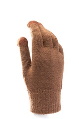 wool knitted gloves brown on white background, touch gloves for smartphones