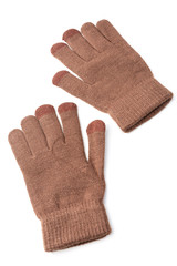 wool knitted gloves brown on white background, touch gloves for smartphones