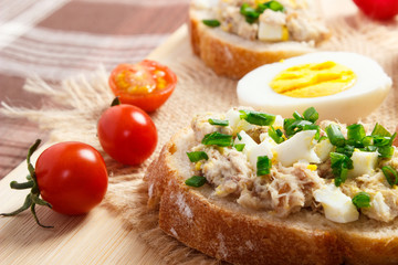 Sandwiches or baguette with mackerel or tuna fish paste, healthy nutrition