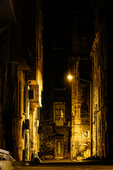 Istanbul, Turkey The dark streets of the Karaköy neighbourhood at night.