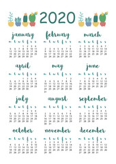 2020 calendar with plants, A4 format, printable page for notebook, organiser, book..