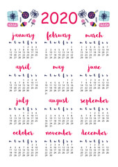 2020 calendar with festive gifts, A4 format, printable page for notebook, organiser, book.
