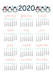 2020 calendar with penguin, A4 format, printable page for notebook, organiser, book.