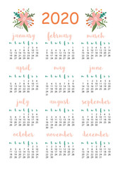 2020 calendar with flowers, A4 format, printable page for notebook, organiser, book.