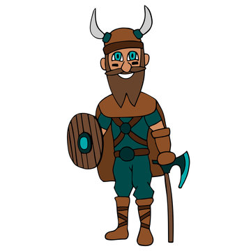 cartoon viking with ax, shield and beard. White background isolated vector illustration