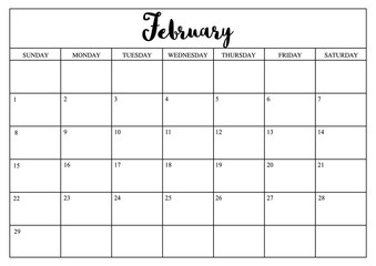 Year 2020 February planner, monthly planner calendar for  February 2020 on white background.