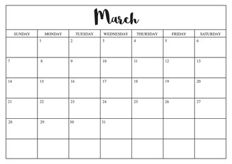 Year 2020 March planner, monthly planner calendar for March 2020 on white background.