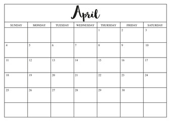Year 2020 April planner, monthly planner calendar for April  2020 on white background.