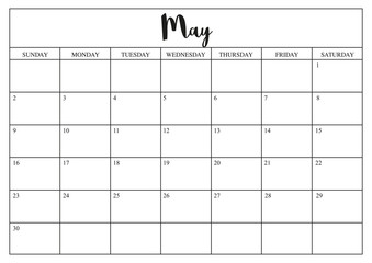 Year 2020 May planner, monthly planner calendar for  May  2020 on white background.
