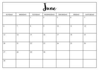 Year 2020 June planner, monthly planner calendar for June 2020 on white background.