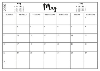 Year 2020 May planner, monthly planner calendar for May 2020 on white background..