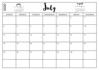 Year 2020 July planner, monthly planner calendar for July 2020 on white background..